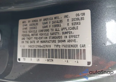 2008 Honda Accord 2.4 Ex из США, поврежденный, VIN 1HGCS12748A027619